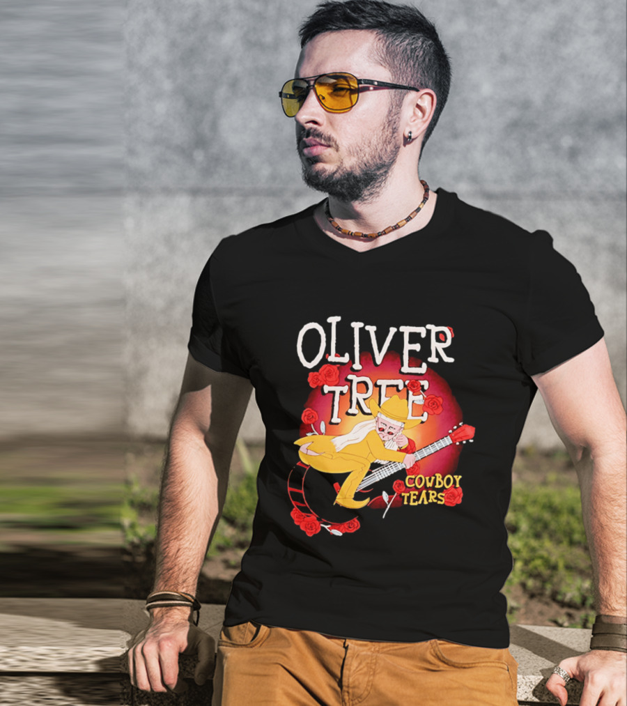 Oliver Tree Cowboy Tears Cartoon Character With Roses And Guitar T-Shirt
