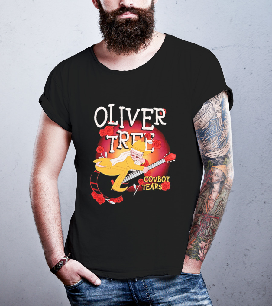 Oliver Tree Cowboy Tears Cartoon Character With Roses And Guitar T-Shirt