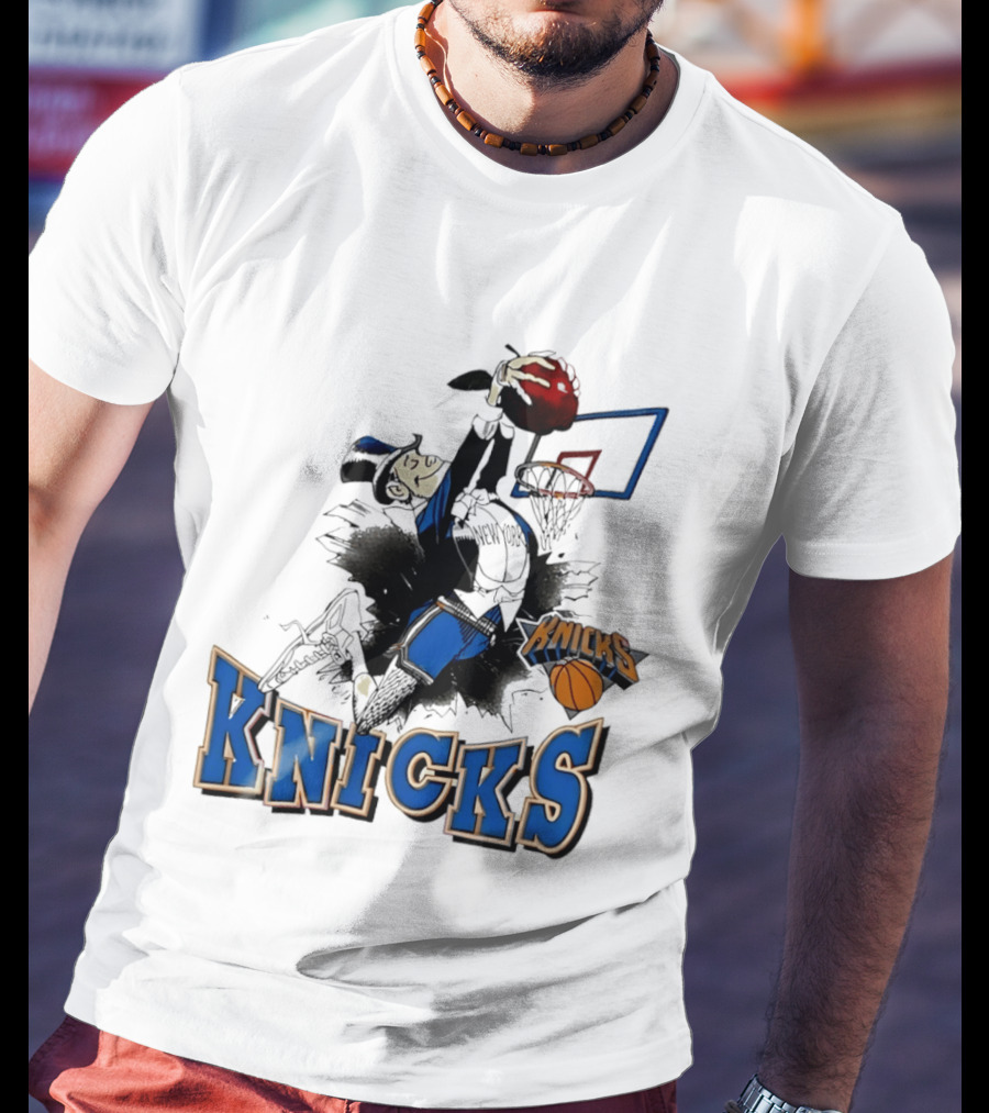 New York Knicks Dunking Red Apple Knicks Text Blue Basketball T-Shirt