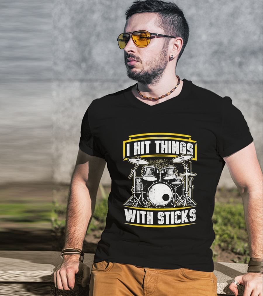 I Hit Things With Sticks Drum Set Retro Music Play T-Shirt