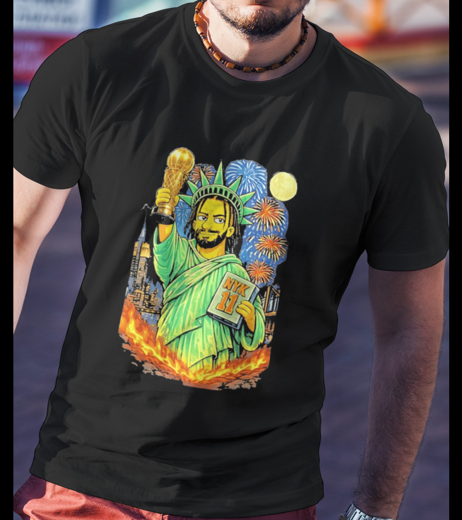 New York Knicks Jalen Brunson As Statue Of Liberty NYK 11 With Trophy And Fireworks T-Shirt