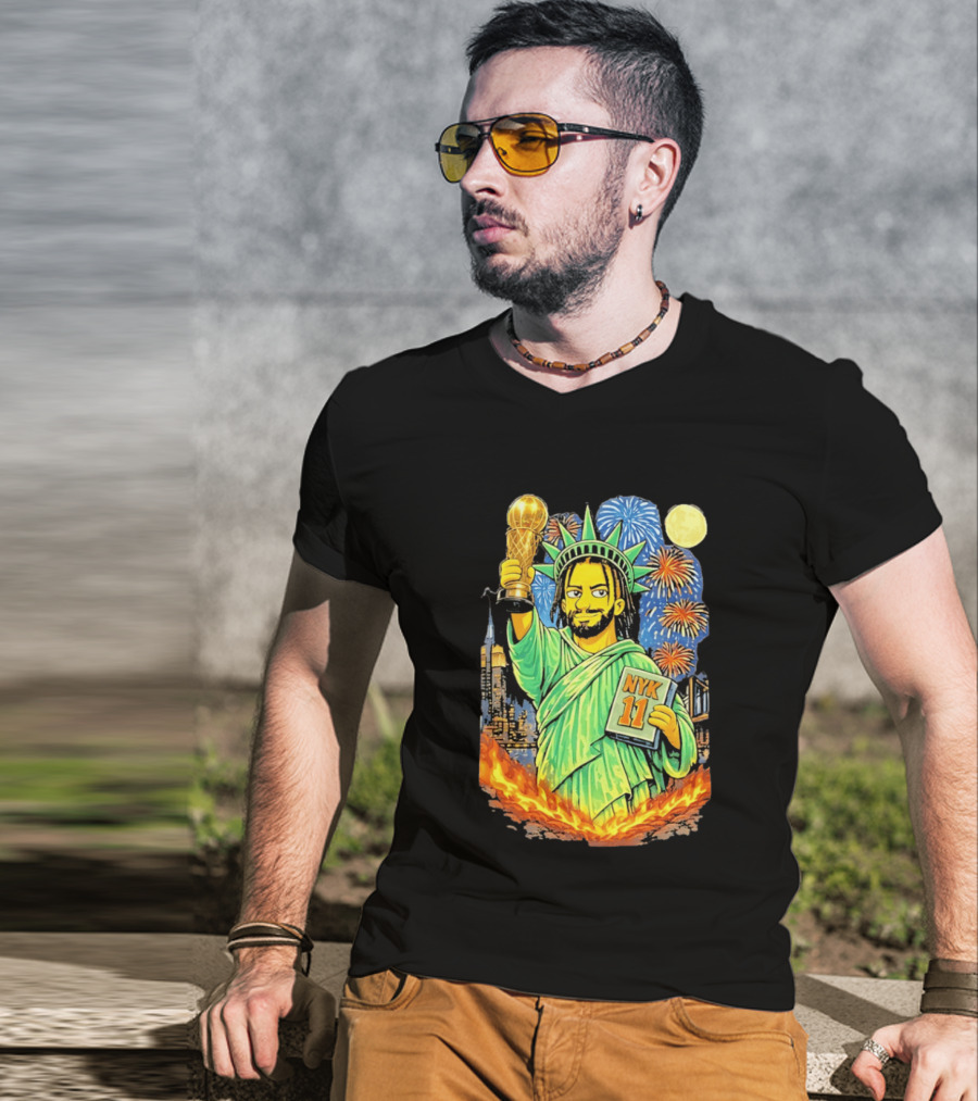 New York Knicks Jalen Brunson As Statue Of Liberty NYK 11 With Trophy And Fireworks T-Shirt