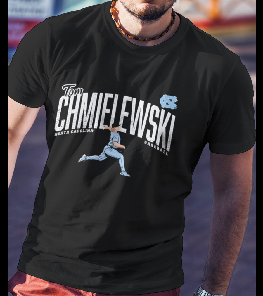 North Carolina Baseball Tom Chmielewski Running Pose Graphic With UNC Tar Heels T-Shirt
