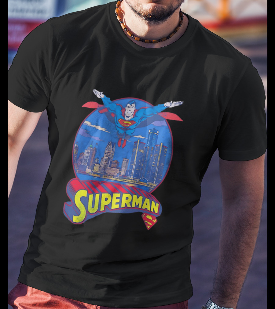 Detroit Superman Jay Towers Motor City Skyline Superman Logo Retro Comic T-Shirt