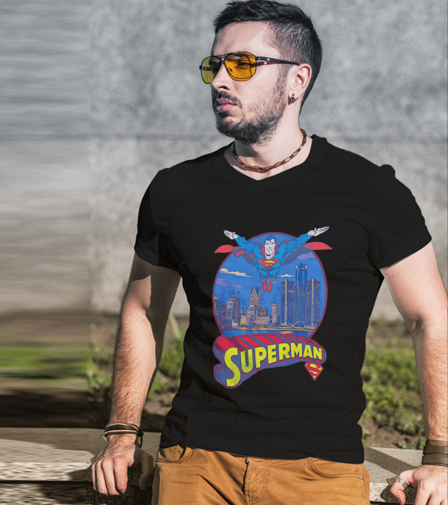 Detroit Superman Jay Towers Motor City Skyline Superman Logo Retro Comic T-Shirt