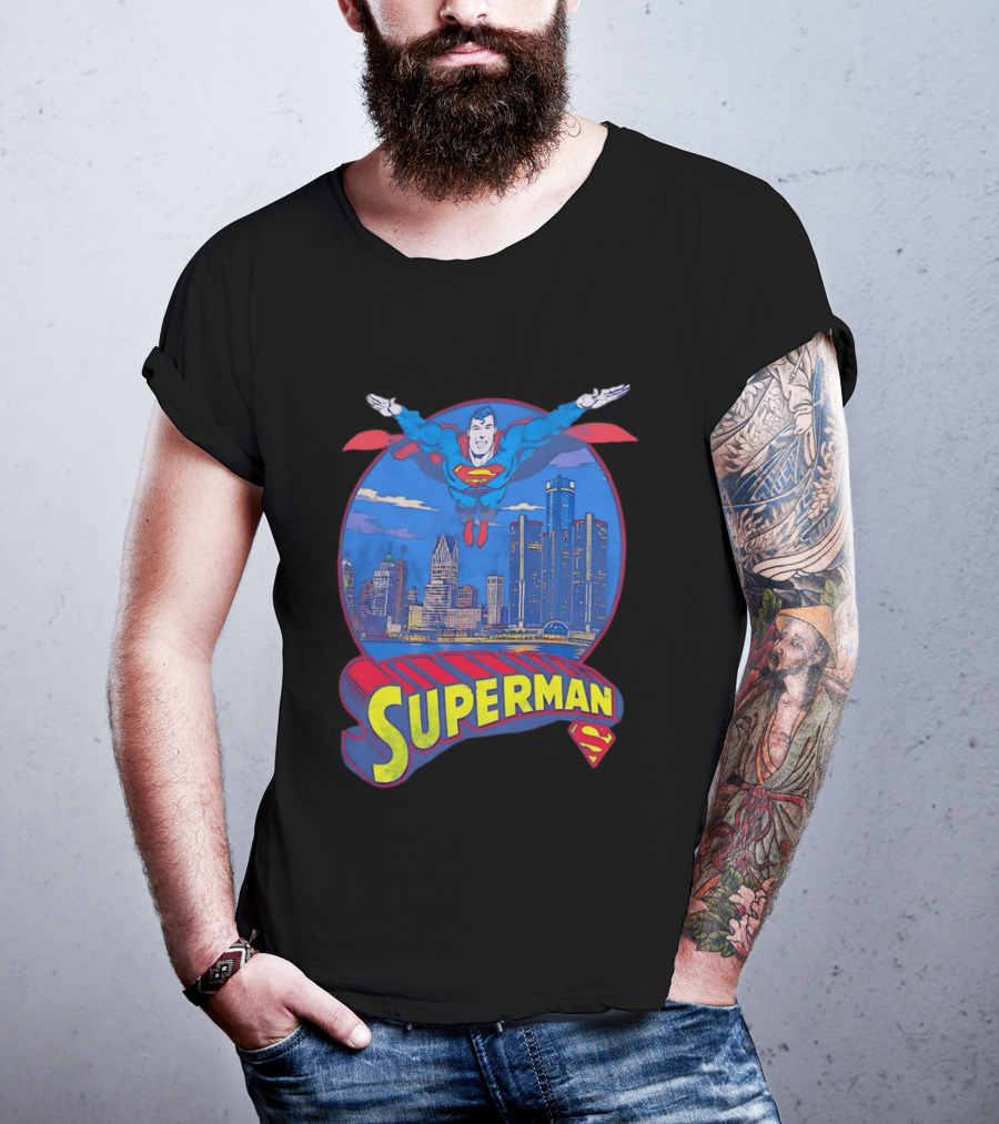 Detroit Superman Jay Towers Motor City Skyline Superman Logo Retro Comic T-Shirt