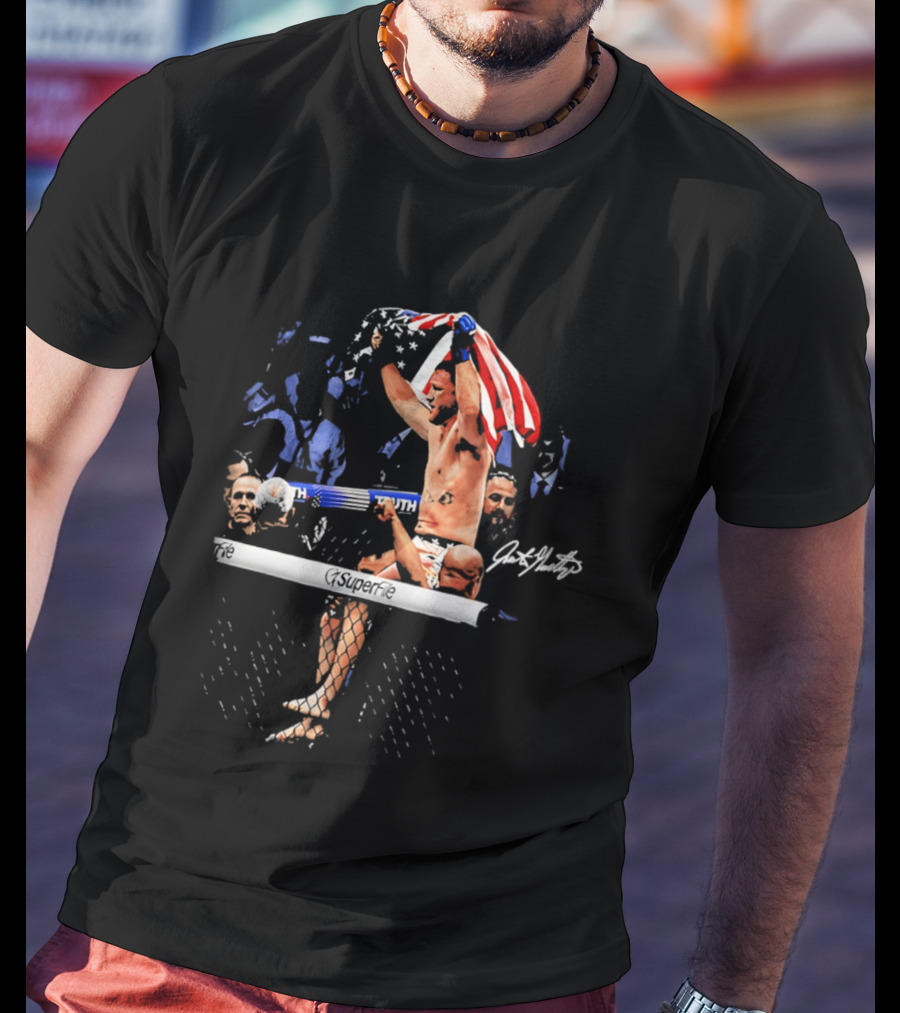 Justin Gaethje Celebrating With American Flag Victory Pose Signature Edition T-Shirt