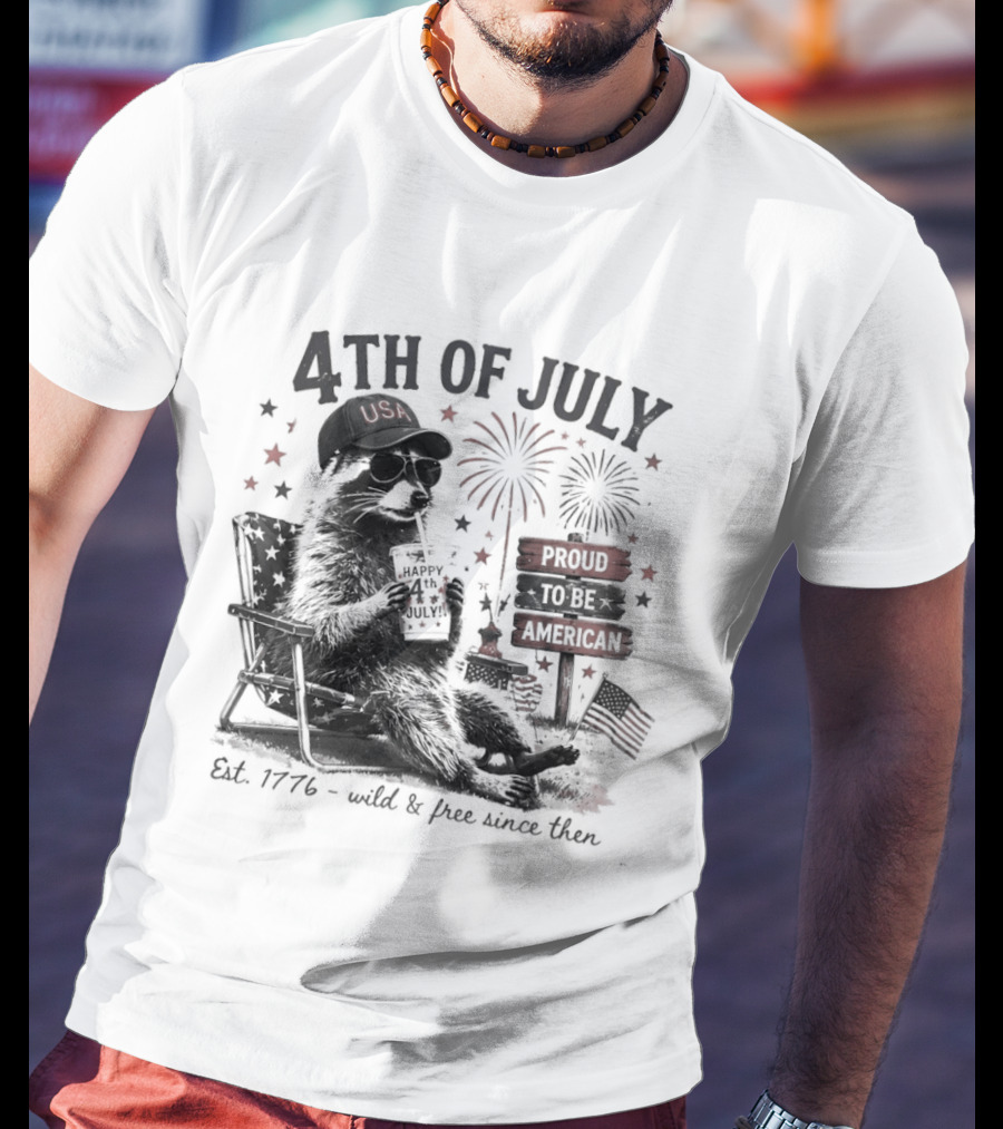 4th Of July Raccoon USA Hat Sunglasses Proud To Be American Est 1776 T-Shirt