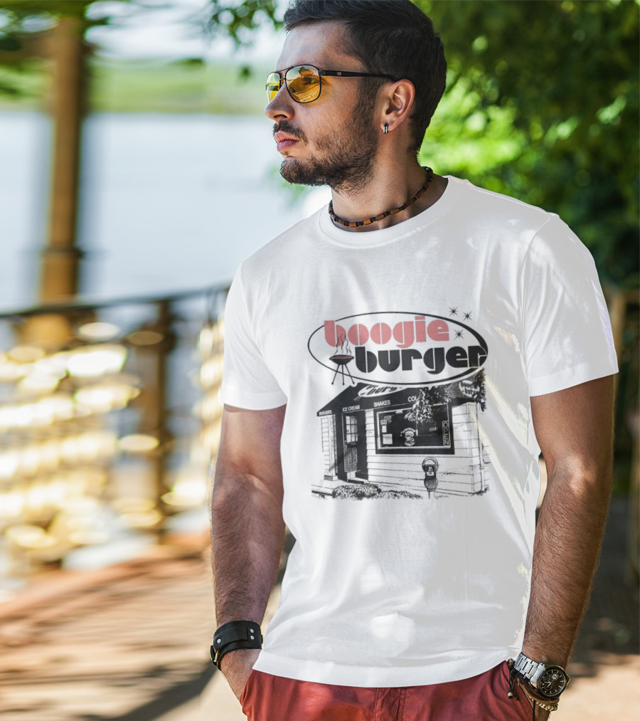 Boogie Burger BBQ Rustic Cabin Scene T-Shirt