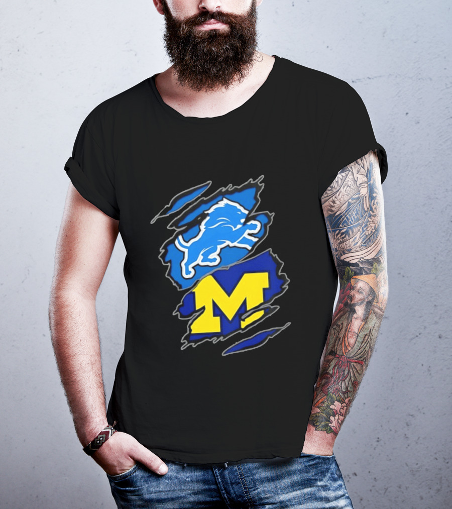 Detroit Lions Michigan Wolverines Two Teams One Heart Scratch T-Shirt