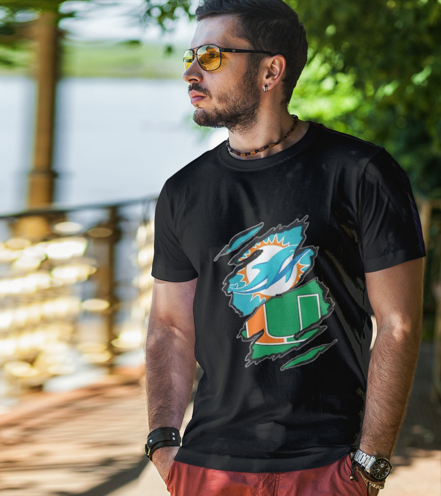 Miami Dolphins And Miami Hurricanes Two Teams One Heart Scratch T-Shirt