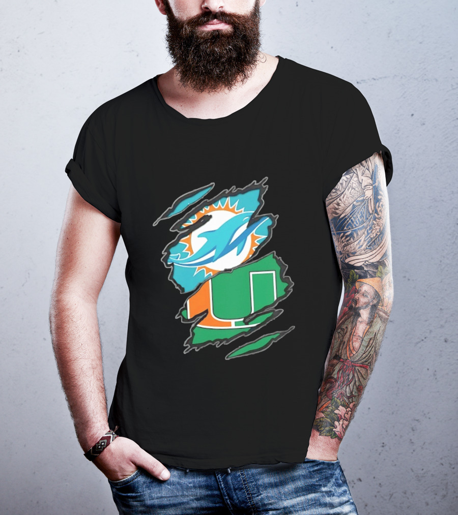 Miami Dolphins And Miami Hurricanes Two Teams One Heart Scratch T-Shirt