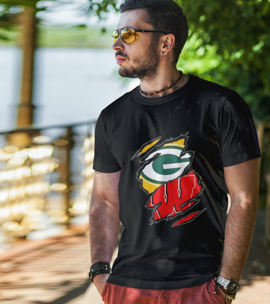 Green Bay Packers Wisconsin Badgers Two Teams One Heart Scratch T-Shirt