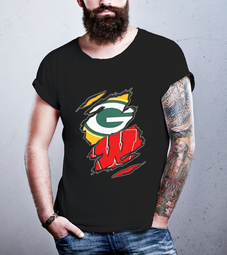 Green Bay Packers Wisconsin Badgers Two Teams One Heart Scratch T-Shirt