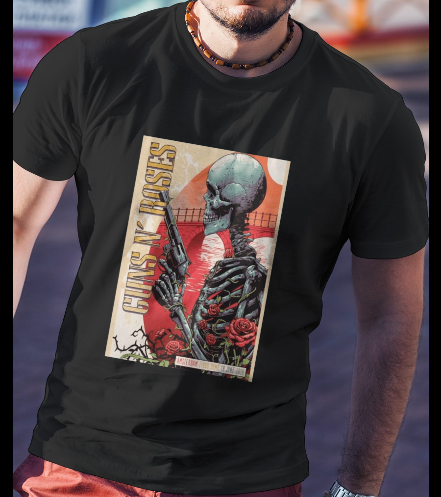 Guns N' Roses Amsterdam 18 June 2026 Ziggo Dome Skeleton With Gun And Roses T-Shirt