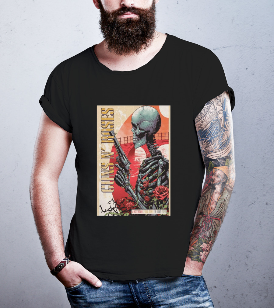 Guns N' Roses Amsterdam 18 June 2026 Ziggo Dome Skeleton With Gun And Roses T-Shirt