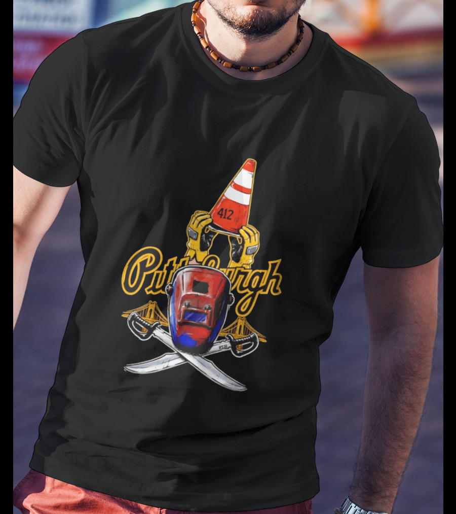 Pittsburgh 412 Welding Mask Construction Cone Crossed Swords Yellow Bridge T-Shirt