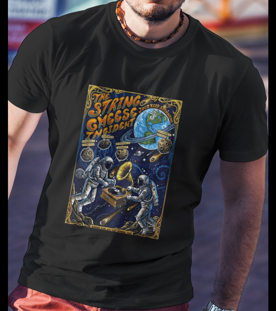The String Cheese Incident Summer 2026 Just Keep Spinning Tour Astronauts Vinyl Planet T-Shirt