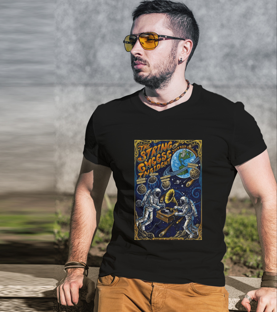 The String Cheese Incident Summer 2026 Just Keep Spinning Tour Astronauts Vinyl Planet T-Shirt