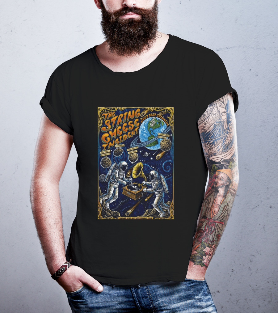 The String Cheese Incident Summer 2026 Just Keep Spinning Tour Astronauts Vinyl Planet T-Shirt