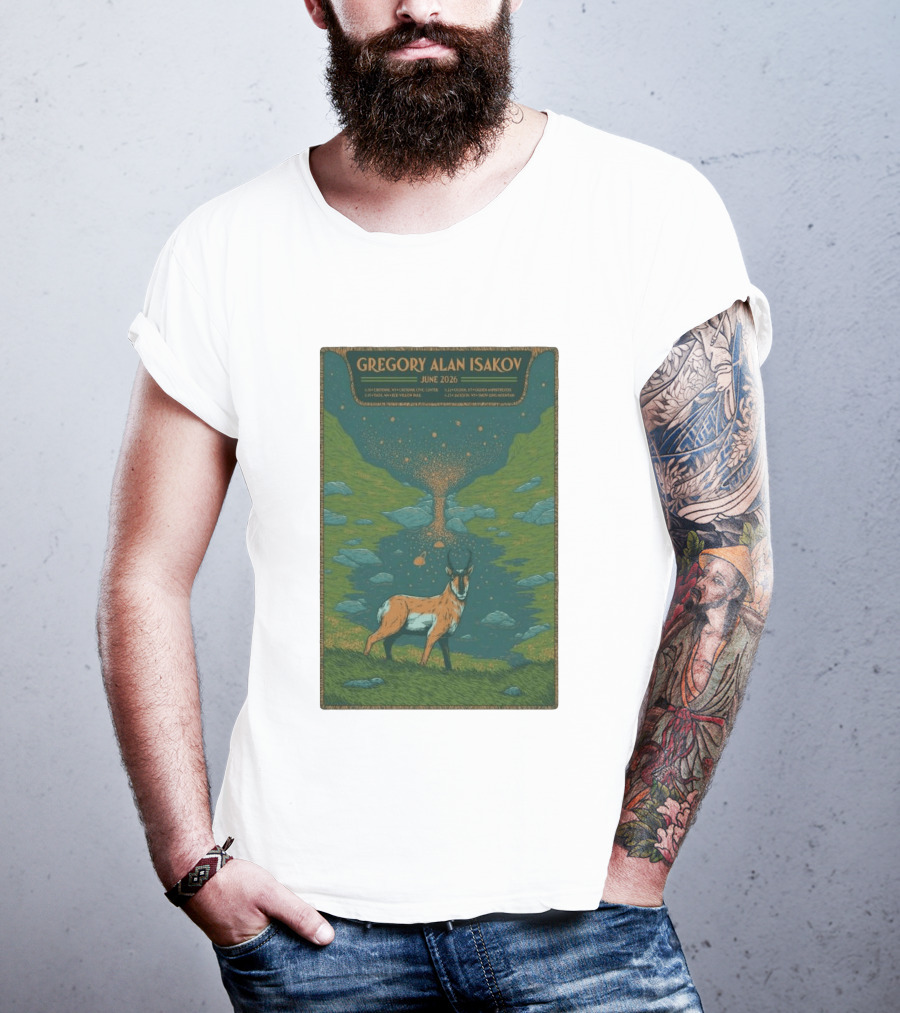 Gregory Alan Isakov June 2026 Tour With Antelope In Lush Mountain Scenery T-Shirt