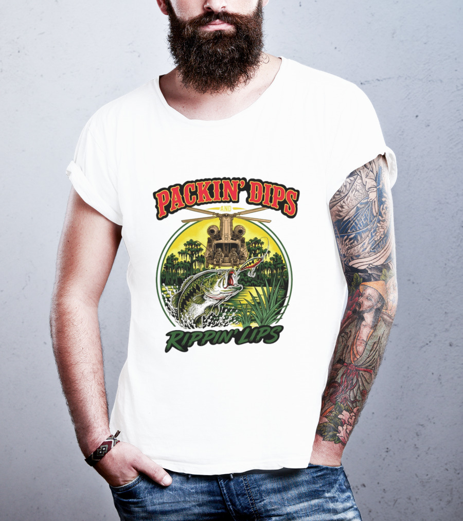 Packin' Dips And Rippin' Lips Fishing Helicopter Adventure T-Shirt