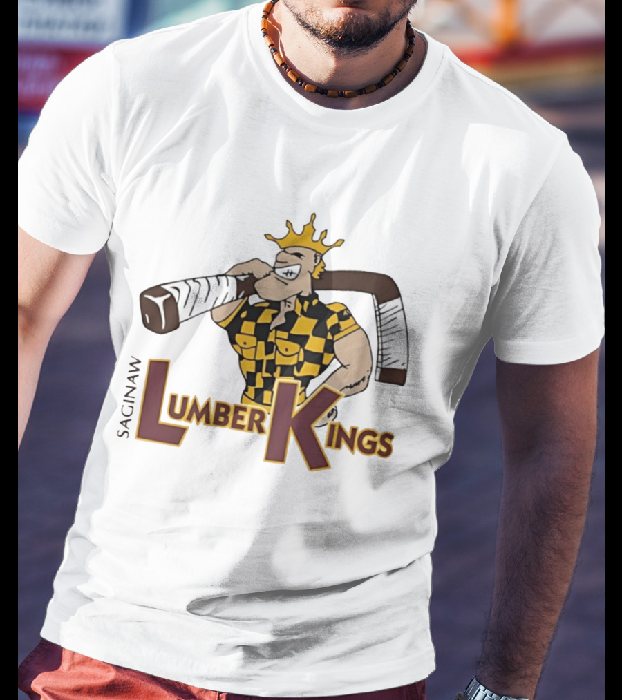 Saginaw Lumber Kings Hockey Team Logo Player With Crown And Hockey Stick T-Shirt