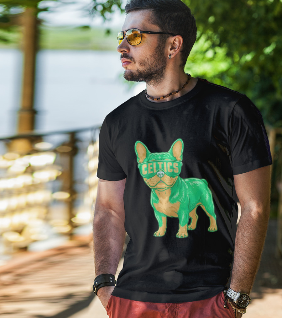 Boston Celtics French Bulldog Wearing Celtics Glasses T-Shirt