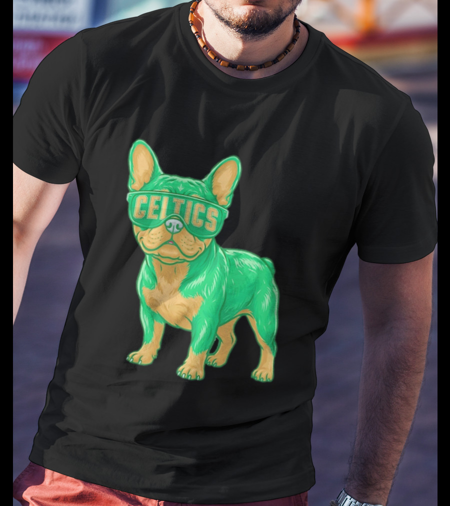 Boston Celtics French Bulldog Wearing Celtics Glasses T-Shirt