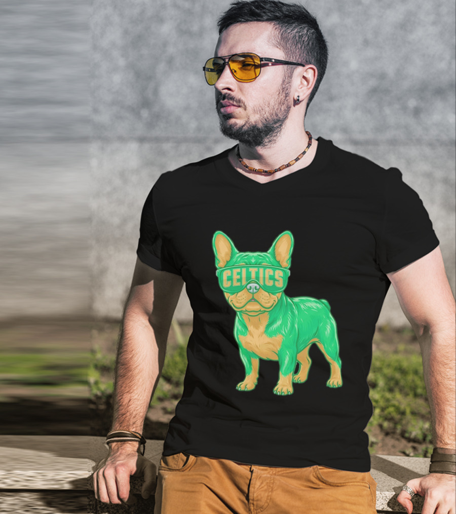 Boston Celtics French Bulldog Wearing Celtics Glasses T-Shirt