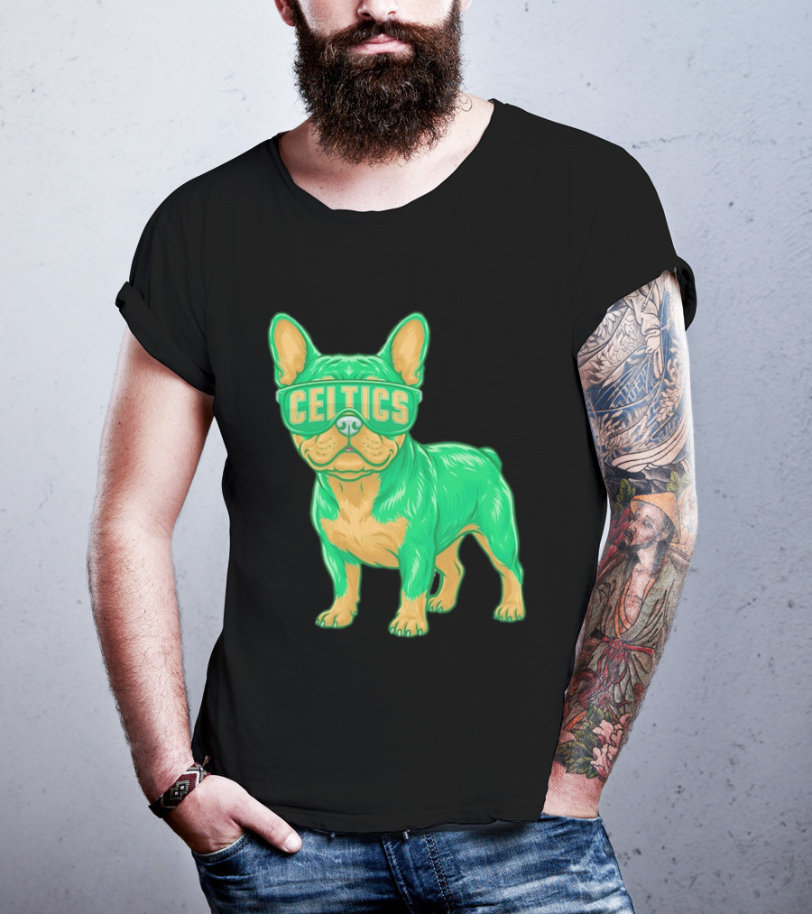 Boston Celtics French Bulldog Wearing Celtics Glasses T-Shirt