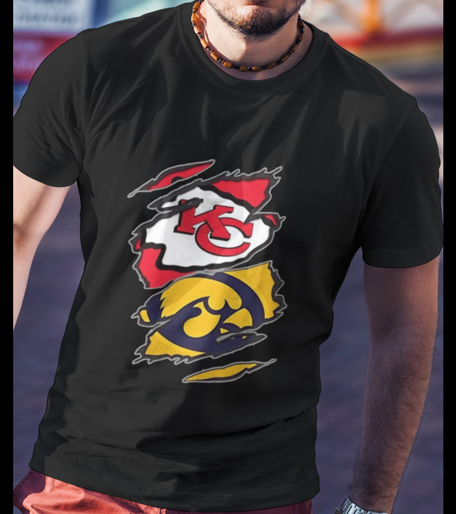 Kansas City Chiefs And Iowa Hawkeyes Two Teams One Heart Scratch KC Logo Iowa T-Shirt