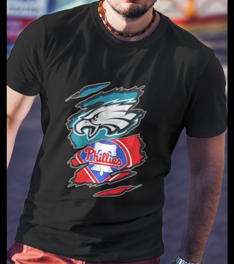 Philadelphia Eagles And Philadelphia Phillies Two Teams One Heart Scratch Logo Fusion T-Shirt