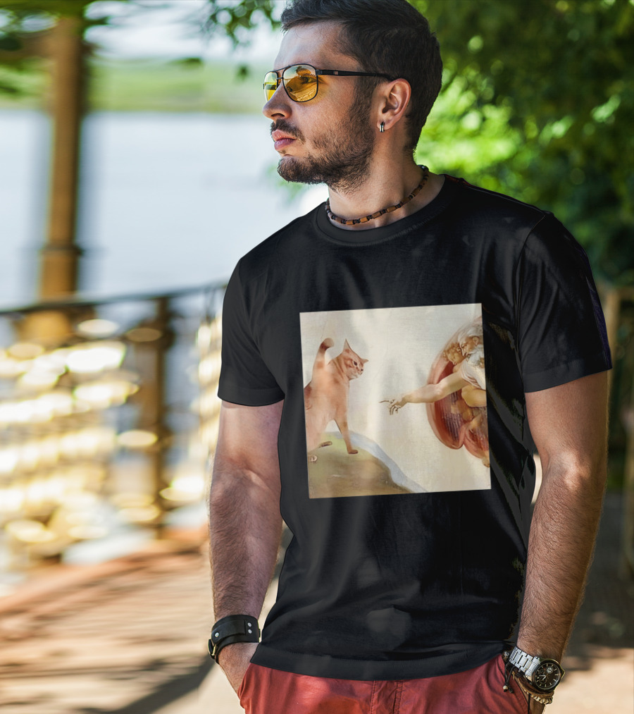Floppa Meets Creation In Iconic God Touching Fingers Scene T-Shirt
