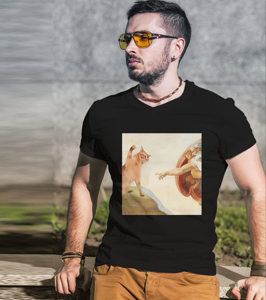 Floppa Meets Creation In Iconic God Touching Fingers Scene T-Shirt