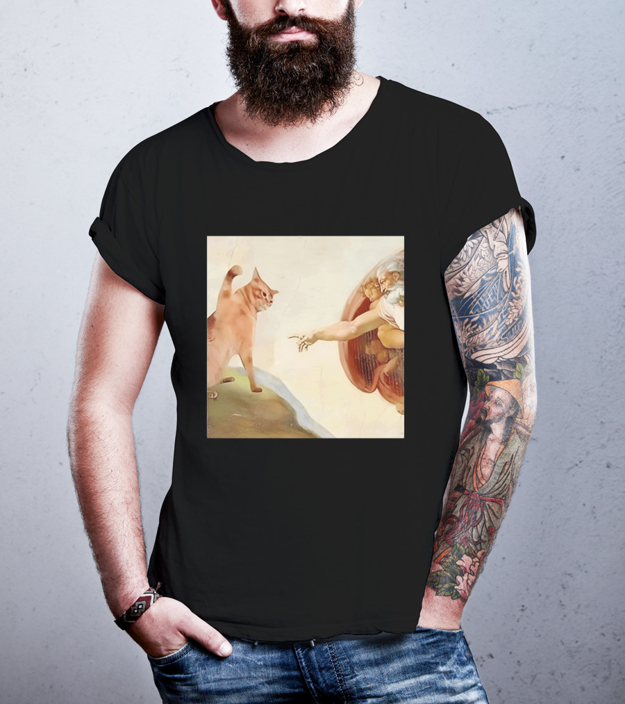 Floppa Meets Creation In Iconic God Touching Fingers Scene T-Shirt