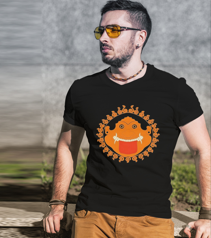 Medusa Gorgon Greek Mythology Monstrous Mask Icon With Orange Spirals T-Shirt