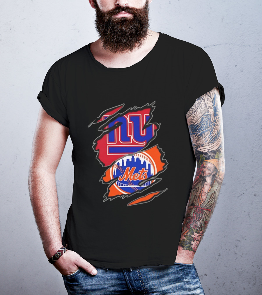 New York Giants New York Mets Two Teams One Heart Scratch T-Shirt