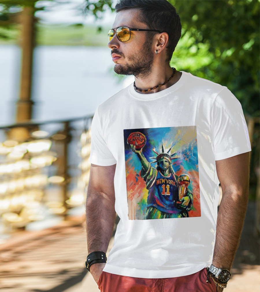 New York Knicks 11 Statue Of Liberty 2026 Champs Trophy Basketball T-Shirt