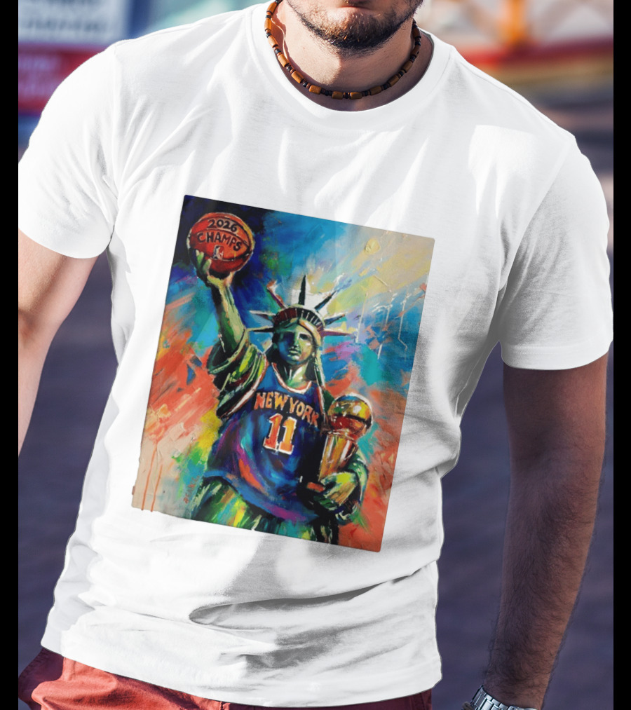 New York Knicks 11 Statue Of Liberty 2026 Champs Trophy Basketball T-Shirt