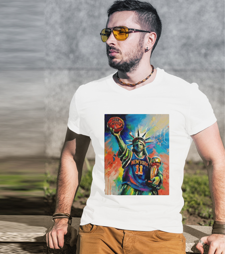 New York Knicks 11 Statue Of Liberty 2026 Champs Trophy Basketball T-Shirt