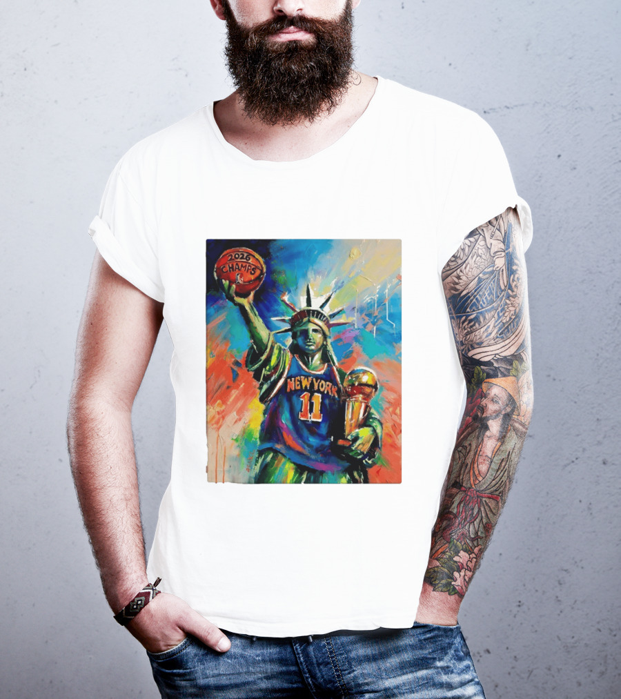 New York Knicks 11 Statue Of Liberty 2026 Champs Trophy Basketball T-Shirt