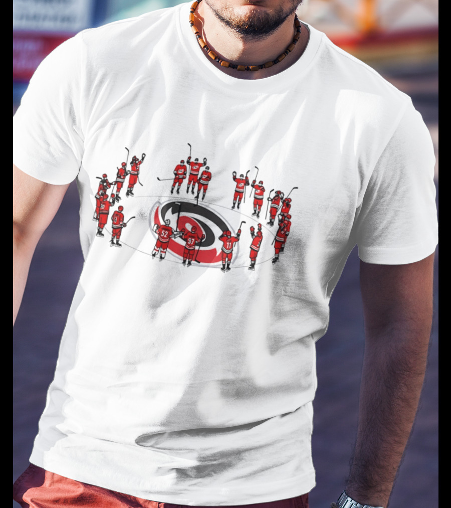 Carolina Hurricanes Team Celebrating On Logo Ice Hockey Scene T-Shirt