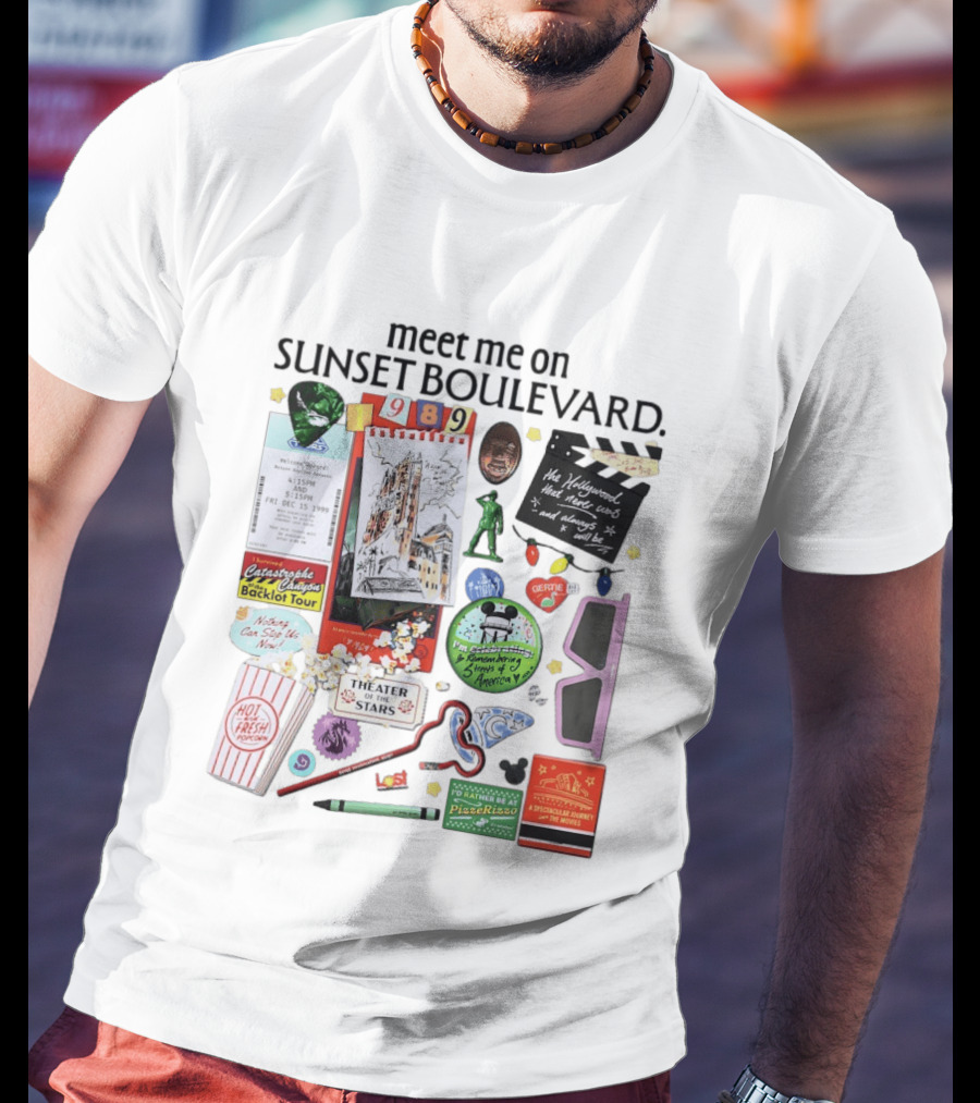 Meet Me On Sunset Boulevard Hollywood Tower Of Terror Theater Of The Stars Pizza Rizzo 3D Glasses Collage T-Shirt