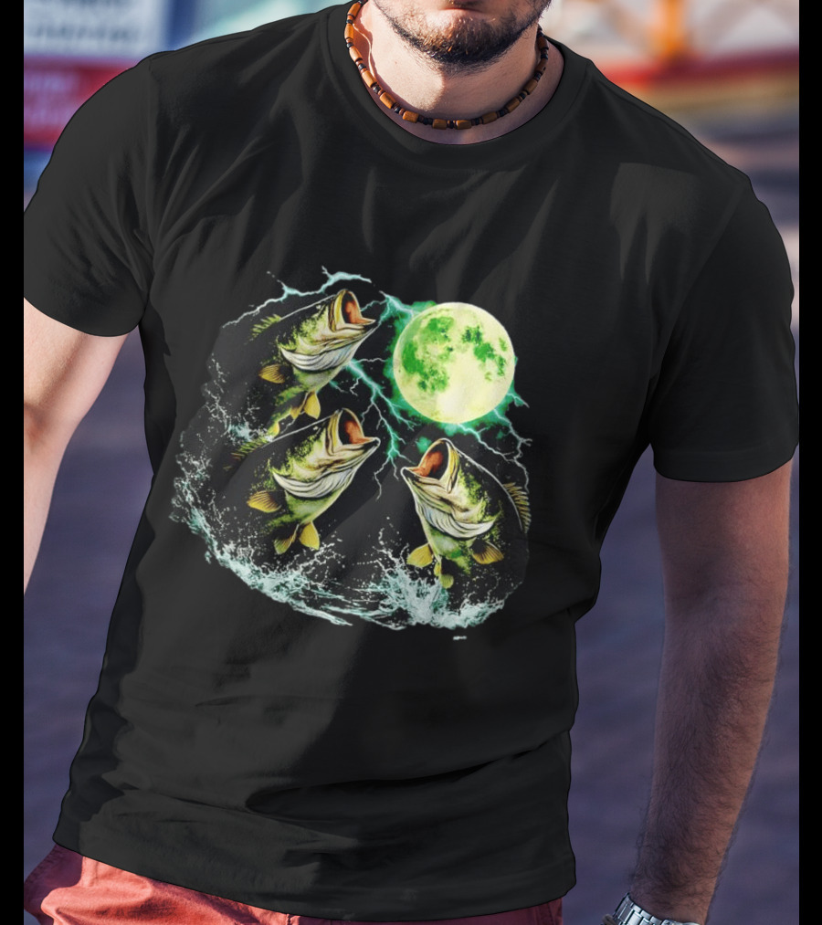 Bass Jumping Full Moon Night Wildlife Nature Scene T-Shirt