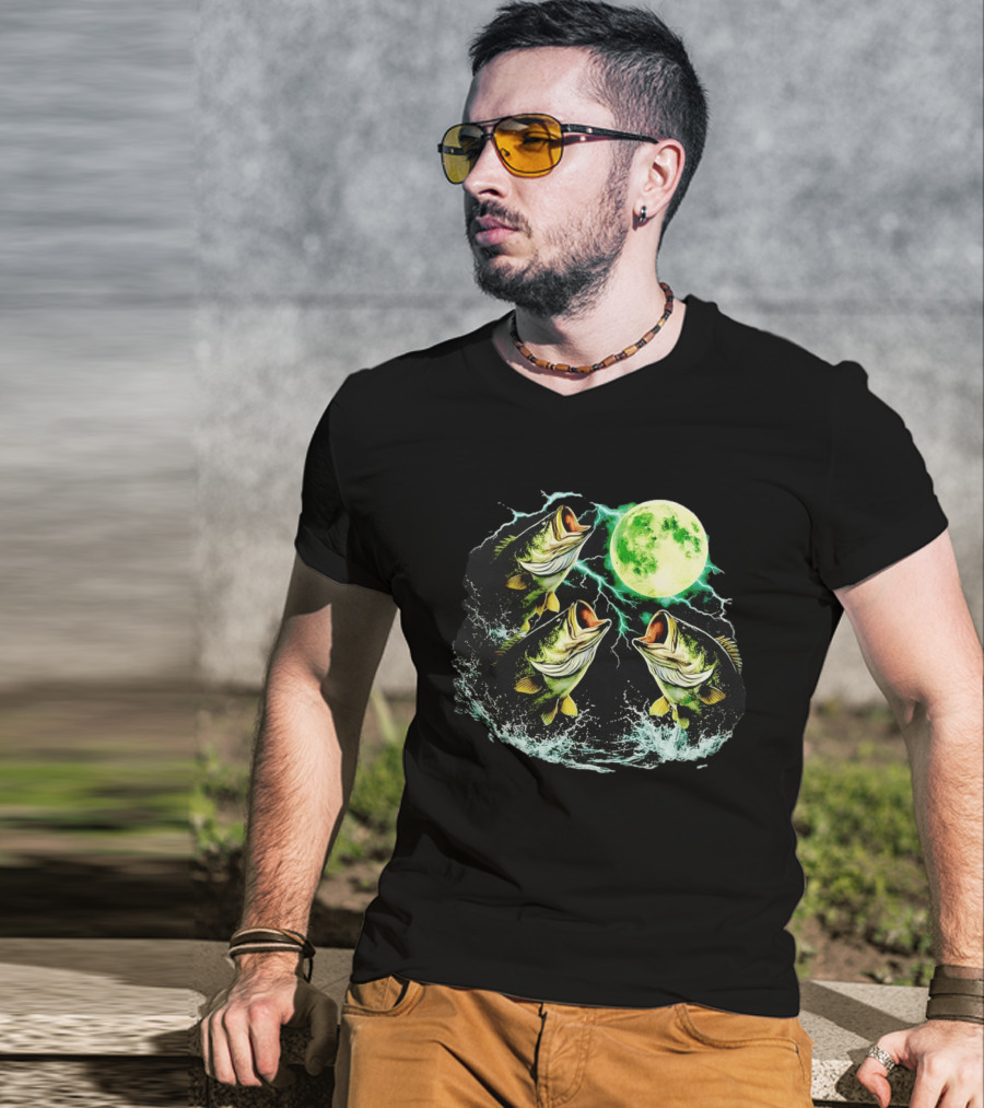 Bass Jumping Full Moon Night Wildlife Nature Scene T-Shirt