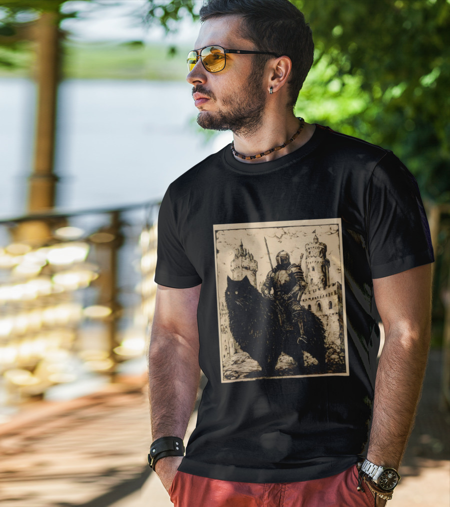 Knight Riding Giant Cat In Medieval Fantasy Castle Scene T-Shirt