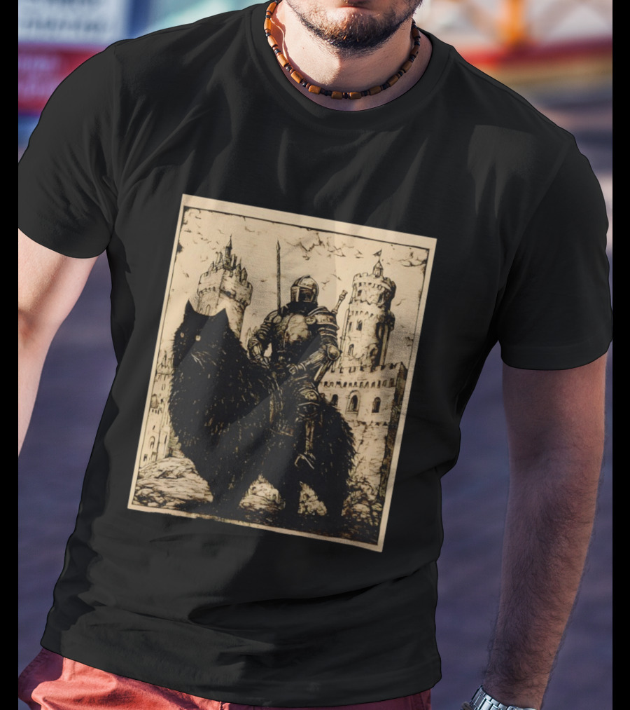 Knight Riding Giant Cat In Medieval Fantasy Castle Scene T-Shirt
