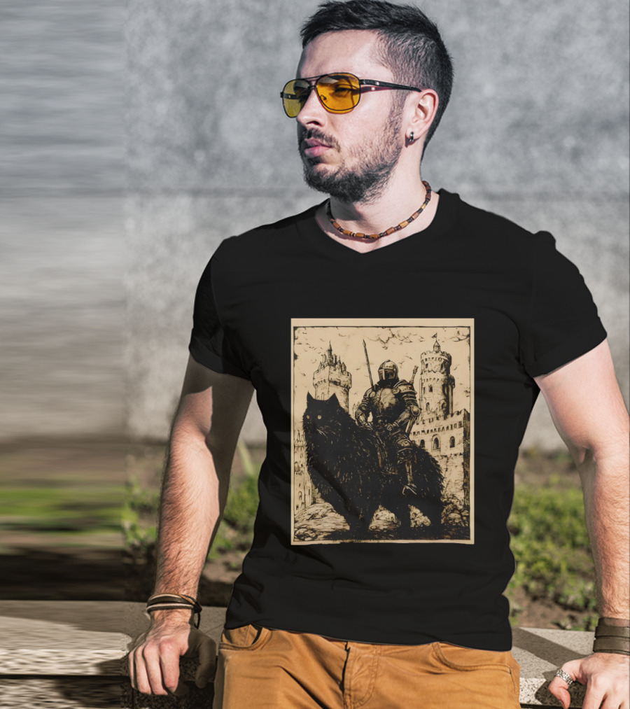 Knight Riding Giant Cat In Medieval Fantasy Castle Scene T-Shirt