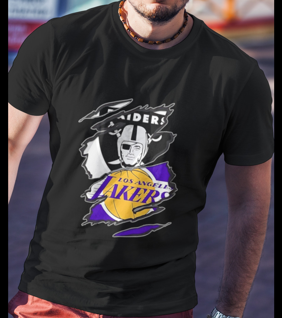 Las Vegas Raiders Los Angeles Lakers Two Teams One Heart Scratch T-Shirt